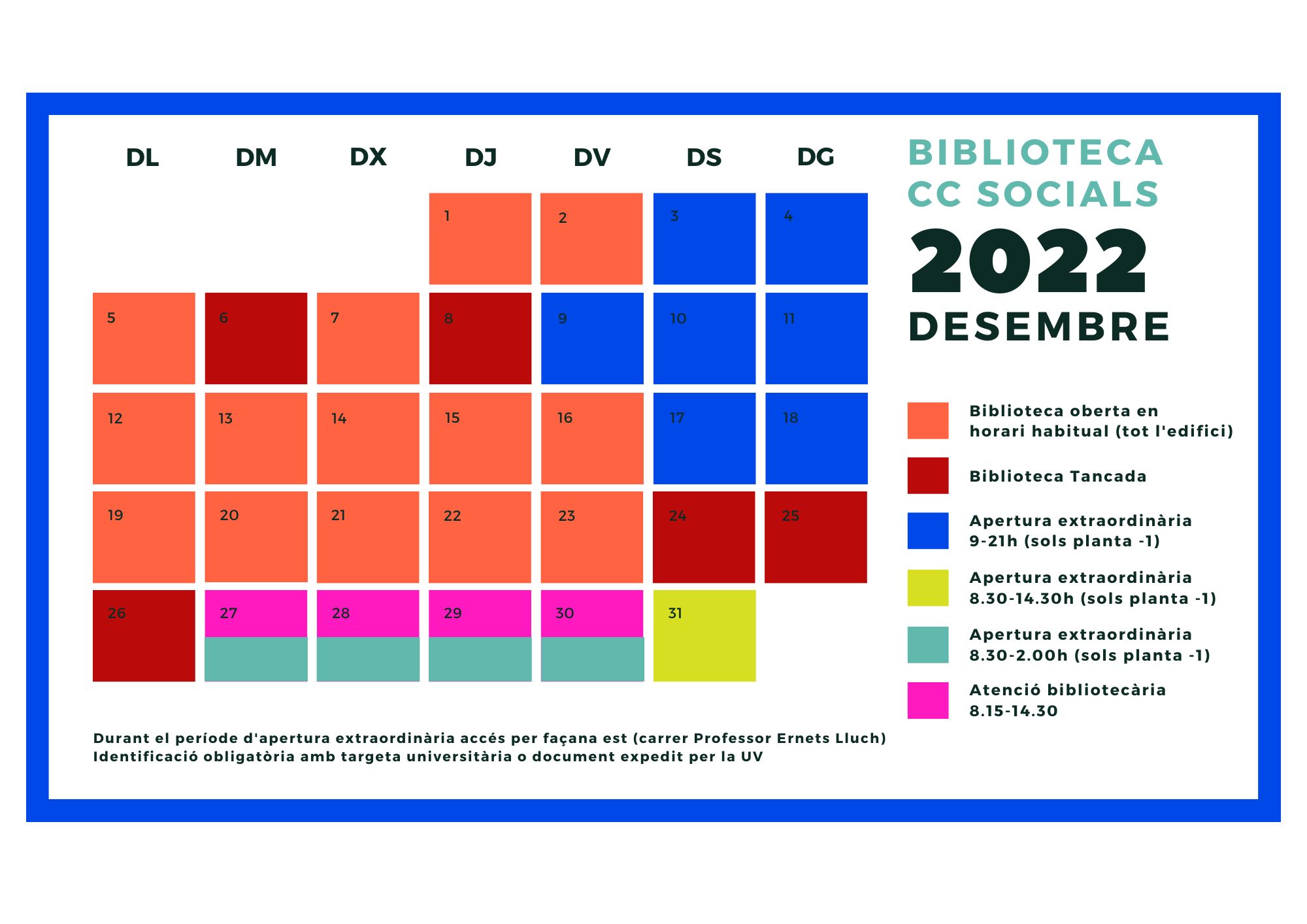 Calendari de desembre de 2022 amb diferents colors per als diferents horaris